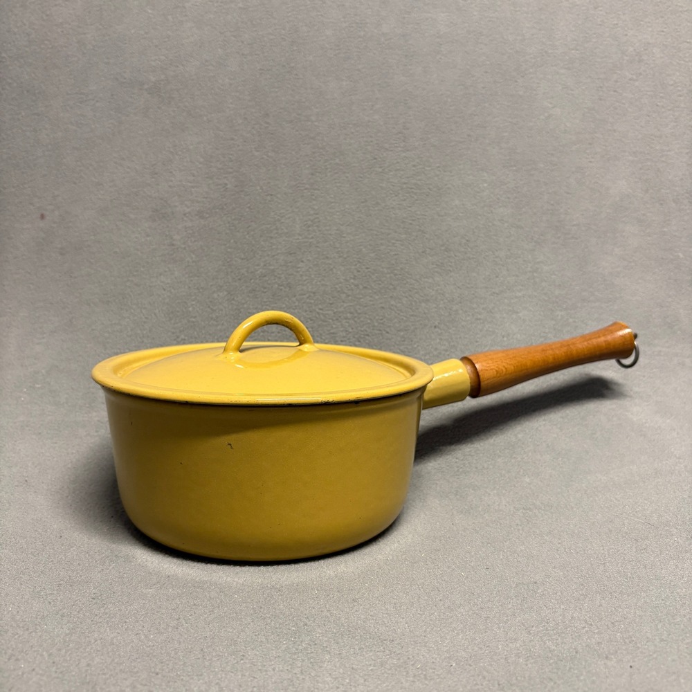 Descoware Saucepan‎ Lid Yellow Good Vintage Wood Handle Enamel Cast Iron Belgium